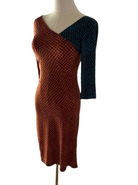 RACHEL Roy Chic Dark Gold/Rust & Teal Combo Dress w/Ruching on One Side ( L) NWT - Picture 9 of 14
